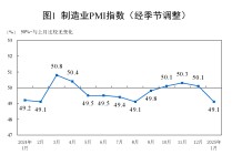 1月份制造业PMI为49.1%，比上月下降1个百分点