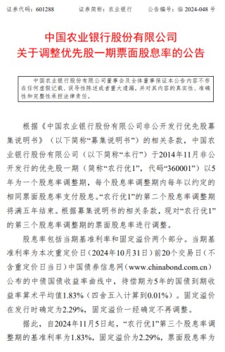 农业银行：“农行优1”票面股息率将调整为4.12%