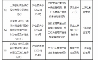 贷款管理和员工行为管理严重违反审慎经营规则！沪农商行浦东分行被罚200万元 一员工被终身禁业