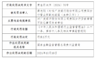 广发银行贵阳分行被罚90万元：因开立无真实贸易背景银行承兑汇票，虚增存款等三项主要违法违规事实