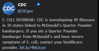 麦当劳盘前股价下跌 美国CDC称“足三两”汉堡涉大肠杆菌疫情