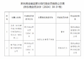 黄平振兴村镇银行被罚20万元：因信贷业务管理不审慎