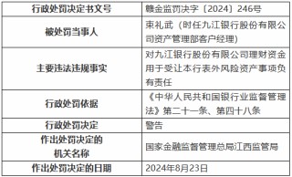 九江银行因“九宗罪”被罚410万元 8名时任高管及员工被罚