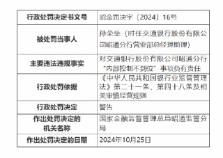 交通银行昭通分行被罚70万元：因违规办理个人贷款业务 内部控制不到位