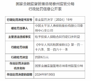 太保寿险泰州中心支公司被罚6万元：因给予投保人保险合同约定以外利益