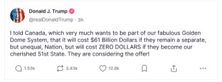 特朗普喊话加拿大：成为美国第51个州可免费获“金穹”保护！