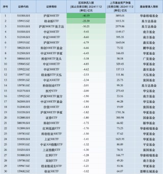 最不受欢迎ETF：11月12日华泰柏瑞沪深300ETF遭净赎回40.19亿元，易方达创业板ETF遭净赎回25.59亿元（名单）