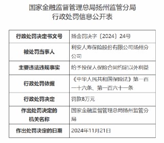 利安人寿扬州分公司被罚8万元：因给予投保人保险合同约定以外利益