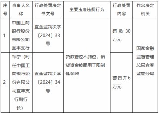 工商银行宜丰支行被罚30万元：贷款管控不到位，信贷资金被挪用于限制性领域