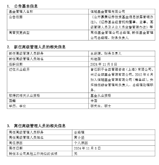 恒越基金高管变更：黄小坚结束4年4个月任期 郑继国升任总经理兼财务负责人  第1张