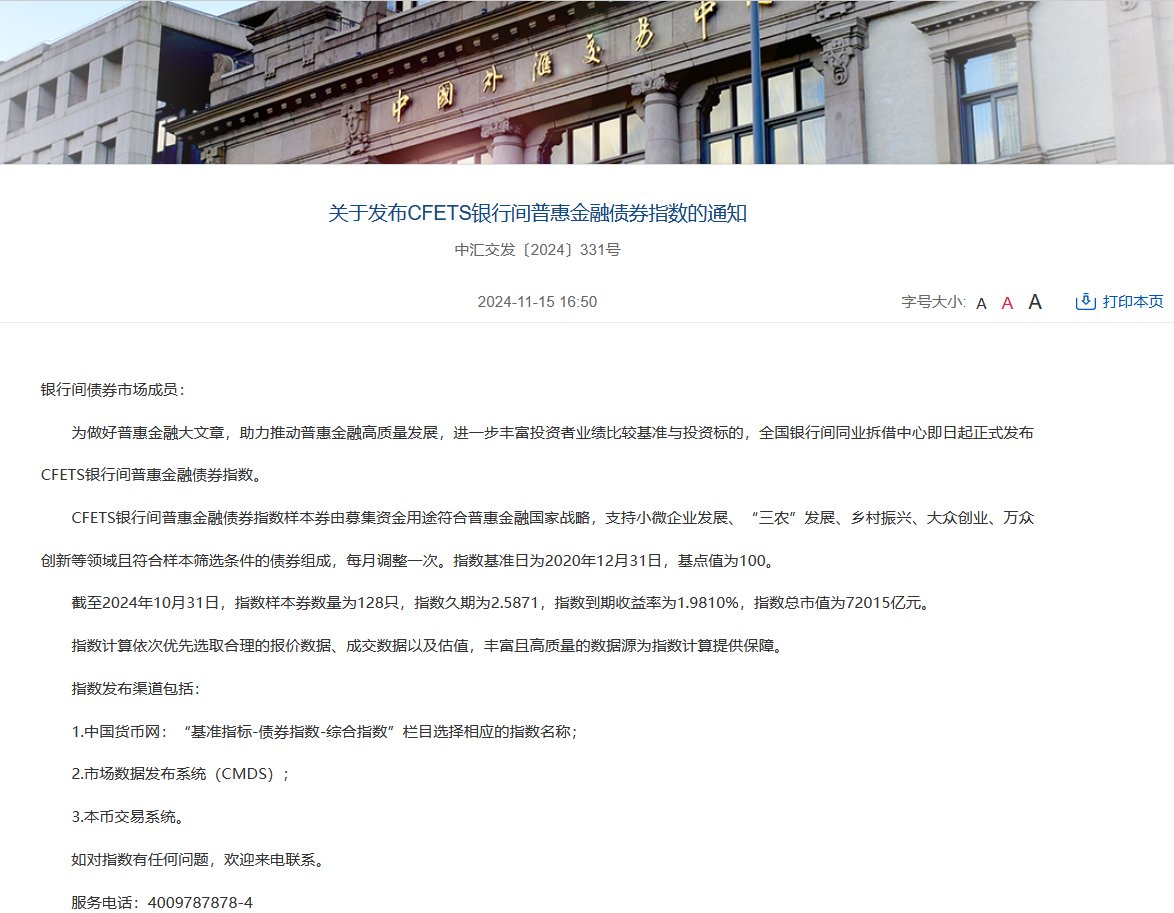 全国银行间同业拆借中心发布CFETS银行间普惠金融债券指数  第1张