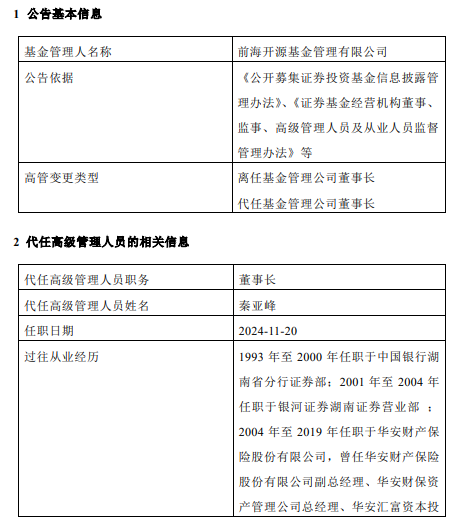 前海开源基金高管变更：董事长李强离任 总经理秦亚峰代任董事长职务  第1张
