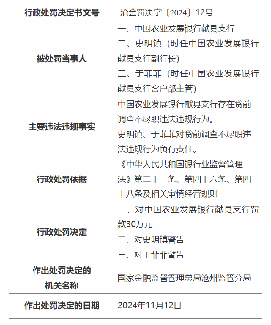 中国农业发展银行献县支行被罚30万元：因贷前调查不尽职  第1张