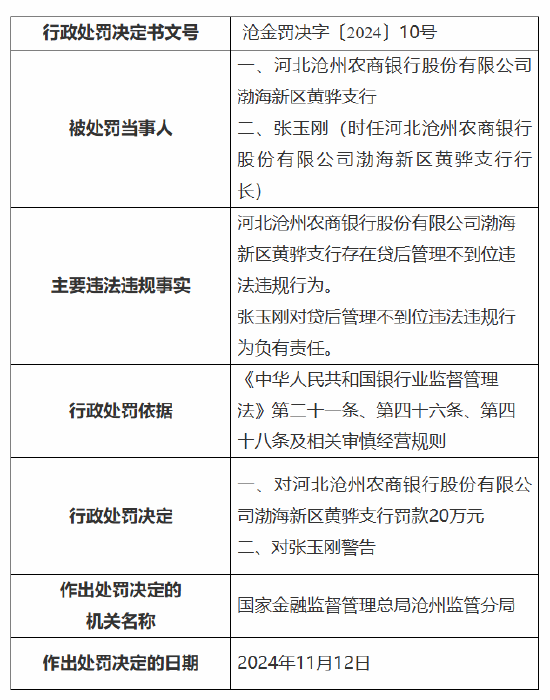 河北沧州农商银行渤海新区黄骅支行被罚20万元：因贷后管理不到位  第1张