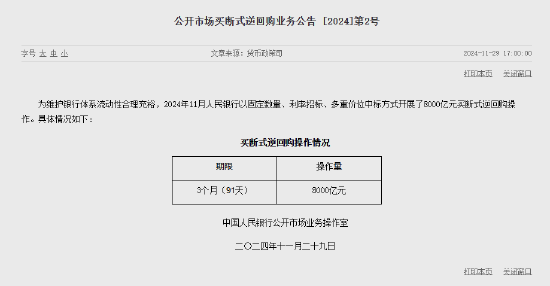 央行：11月开展了8000亿元买断式逆回购操作  第1张