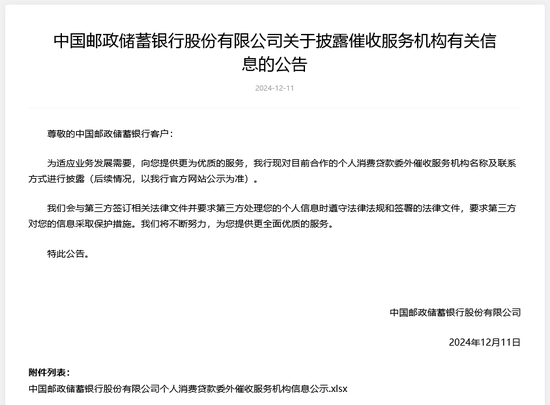 国有大行再跟进，邮储银行披露个人消费贷委外催收机构名单，银行催收业务正日趋规范  第1张