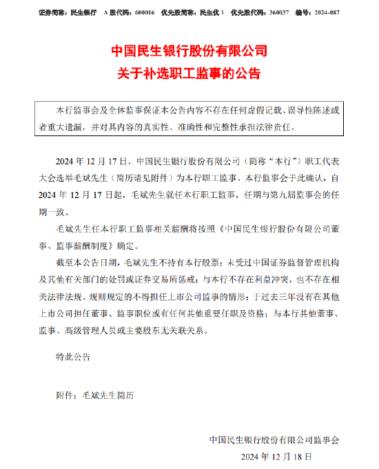 民生银行：选举毛斌为职工监事  第1张