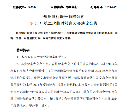 郑州银行：审议通过了《关于变更郑州银行股份有限公司外部审计机构的议案》  第1张