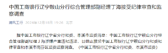 工商银行辽宁鞍山分行综合管理部副经理丁海被查  第1张
