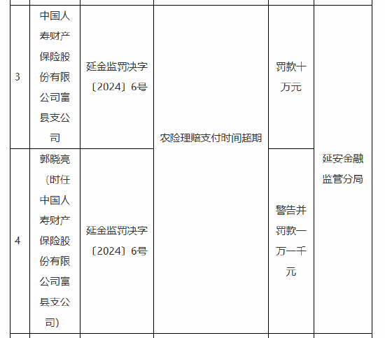 国寿财险富县支公司被罚10万元：因农险理赔支付时间超期  第1张