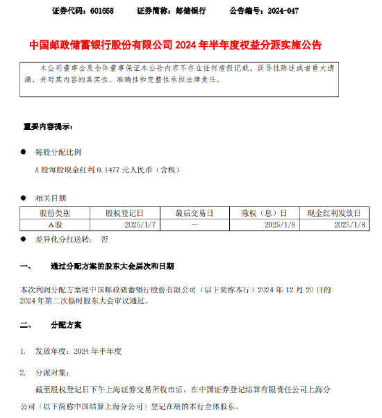 邮储银行：将于2025年1月8日派发半年度现金红利 每股派发现金红利0.1477元  第1张