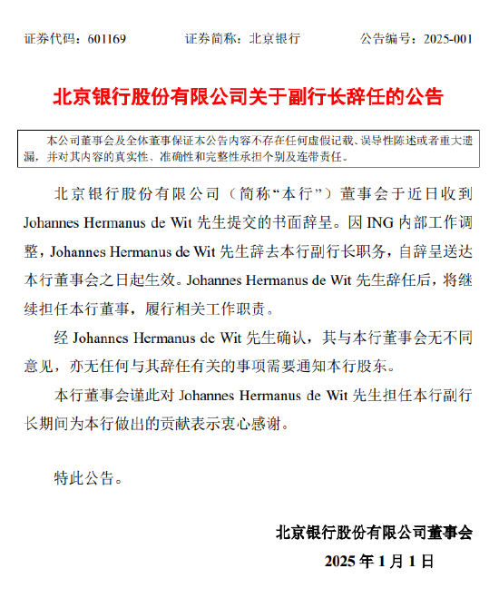 北京银行：副行长Johannes Hermanus de Wit辞任  第1张