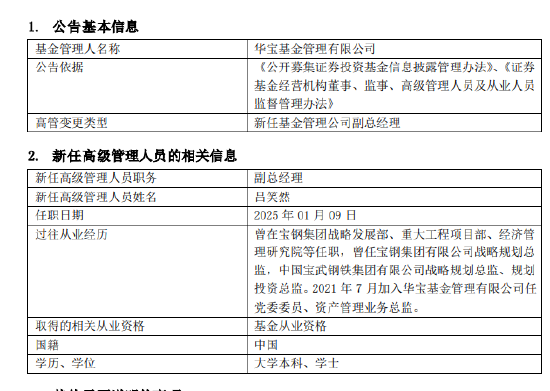 华宝基金新任吕笑然为副总经理 曾任宝钢集团战略规划总监  第1张