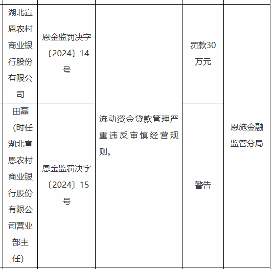 湖北宣恩农村商业银行被罚30万元：因流动资金贷款管理严重违反审慎经营规则  第1张