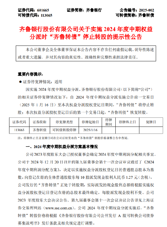 齐鲁银行：2024年度中期权益分派时“齐鲁转债”停止转股  第1张