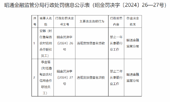 违规发放借冒名贷款 鲁甸县农村信用合作联社两名员工遭禁业处罚！  第1张