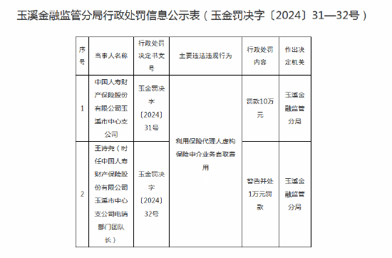 国寿财险玉溪市中心支公司被罚10万元：因利用保险代理人虚构保险中介业务套取费用  第1张