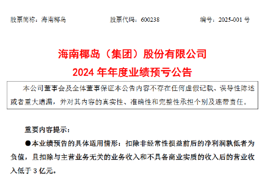 海南椰岛：预计2024年净亏损1.42亿元，公司股票可能被实施退市风险警示  第1张