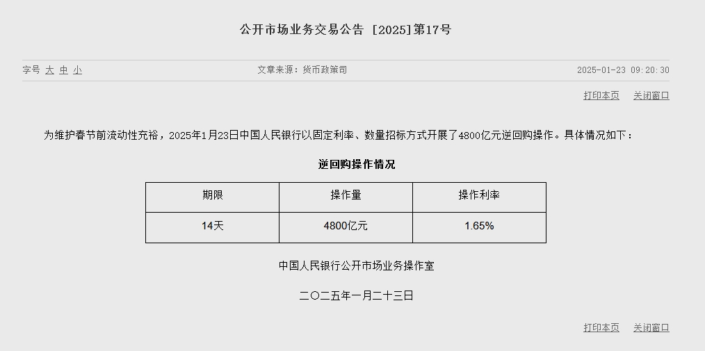 央行进行4800亿元14天期逆回购操作  第1张