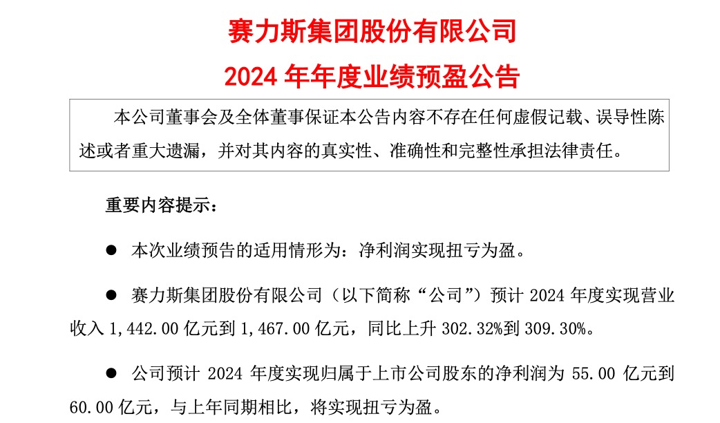 赛力斯“逆袭”！4年连亏后 2024年净利润预计最高达60亿元 2025年M8将带动百亿营收？  第2张