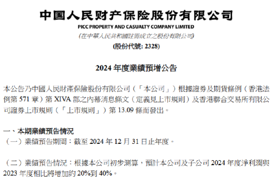 中国财险发布2024年度业绩预增公告 预期年度净利润同比增加约20%到40%  第1张