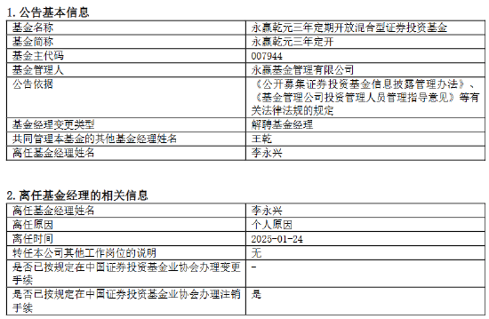 永赢基金副总李永兴离任！卸任7只产品基金经理 任期6年4个月  第3张