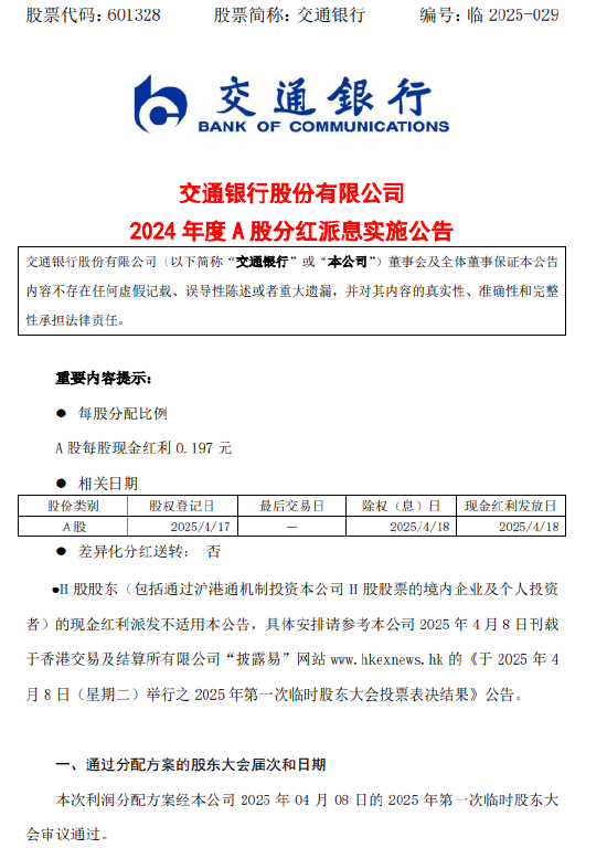 交通银行：2024年度A股每股派发现金红利0.197元  第1张