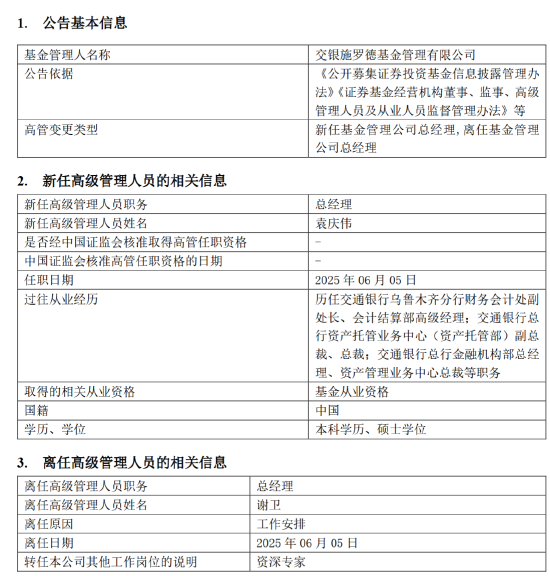 千亿基金“换帅”：27年老将谢卫转任专家，袁庆伟接任总经理  第1张