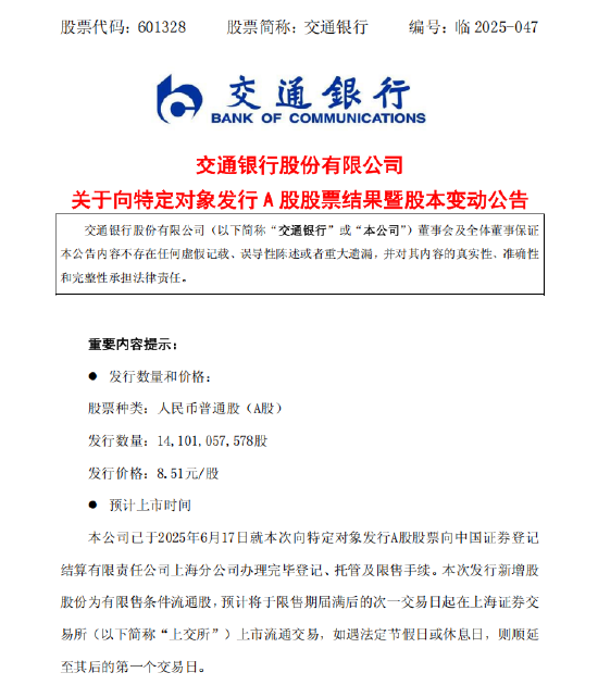 交通银行：完成发行约141.01亿股A股股票  第1张